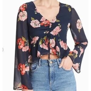 AQUA Navy Floral Crop Peplum V-neck Long Bell Sleeve Womens Blouse Medium
